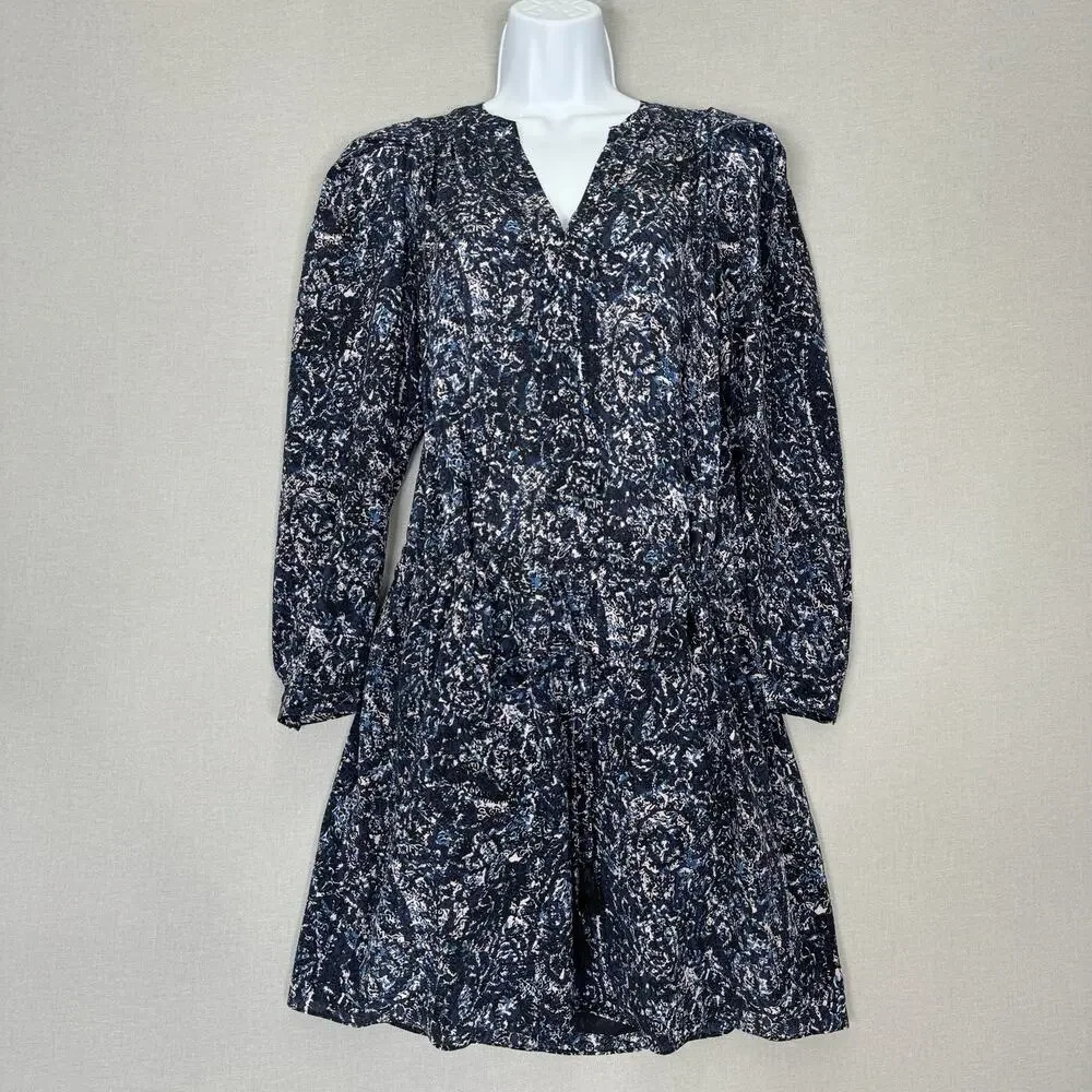 Rebecca Taylor 100% Silk Dress Womens 2 Blue Printed Cinched Tassel Puff‎ Sleeve
